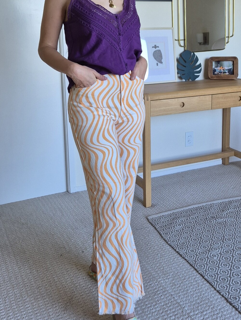Zara White & Orange Wave-Print Wide Leg Pants - Picture 1 of 5